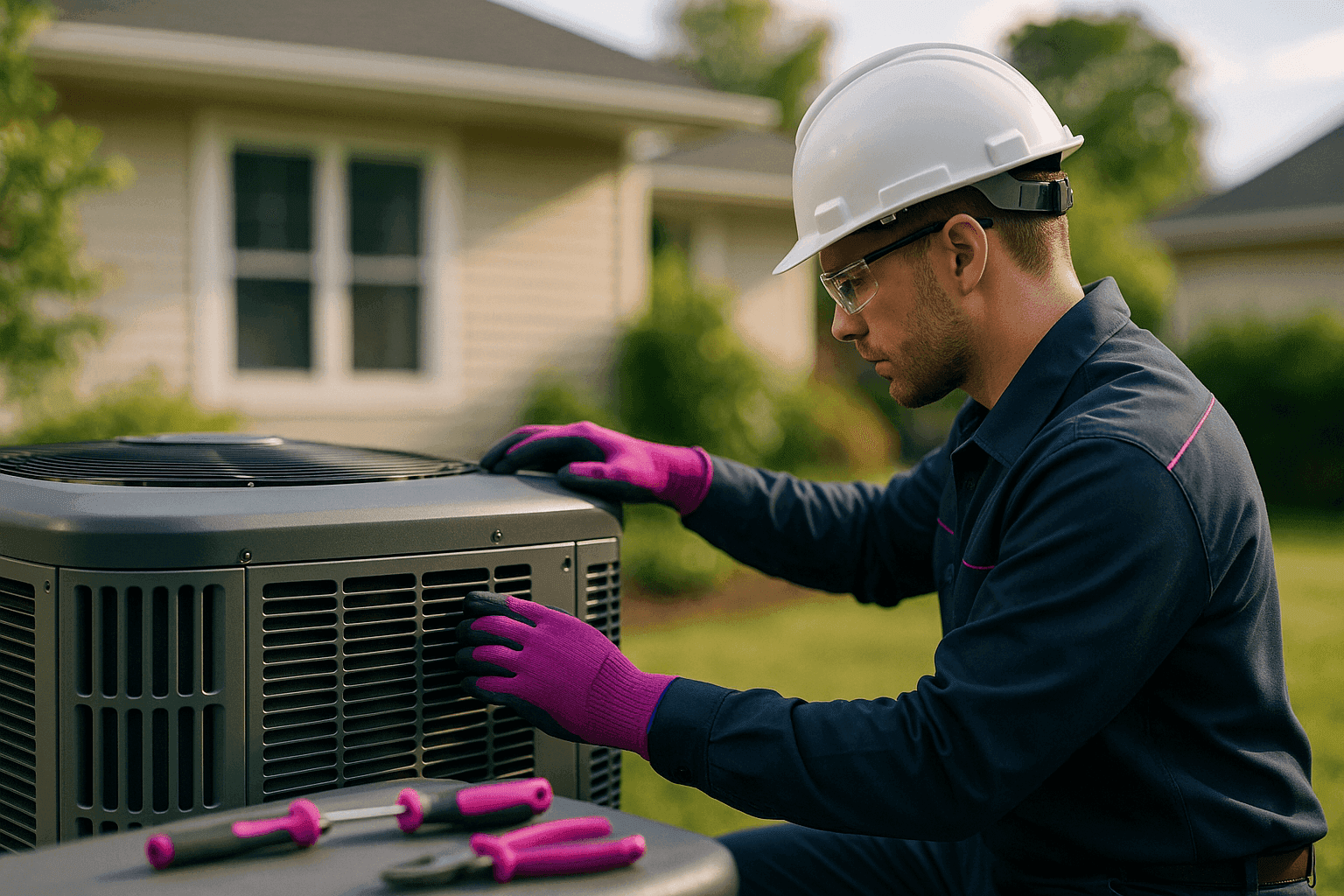 OSHA-compliant HVAC technician adjusting outdoor residential unit with fuchsia-accented uniform